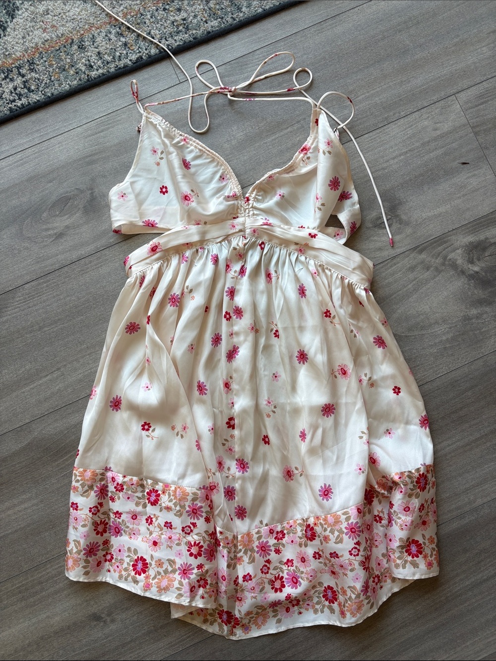 Free People Cream Floral Satin Slip Dress with Pink Flowers